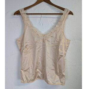 Vtg Camisole Lace Trim Tank Top Nude Champagne Coquette Feminine Sleek Small